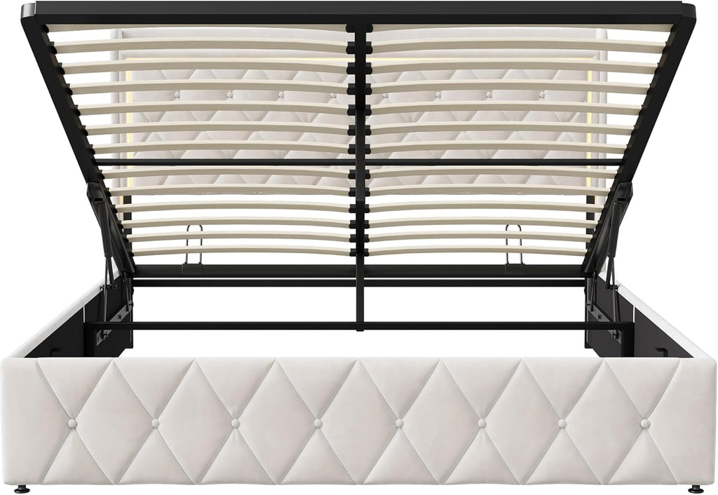 Bett 140x200 mit stauraum, Polsterbett mit LED-Kopfteil, Doppelbett mit USB und Lattenrost, Hydraulischem Stauraum und Metallrahmen, Jugendbett, Bettgestell, Boxspringbett, Samt Beige, Ohne Matratze
