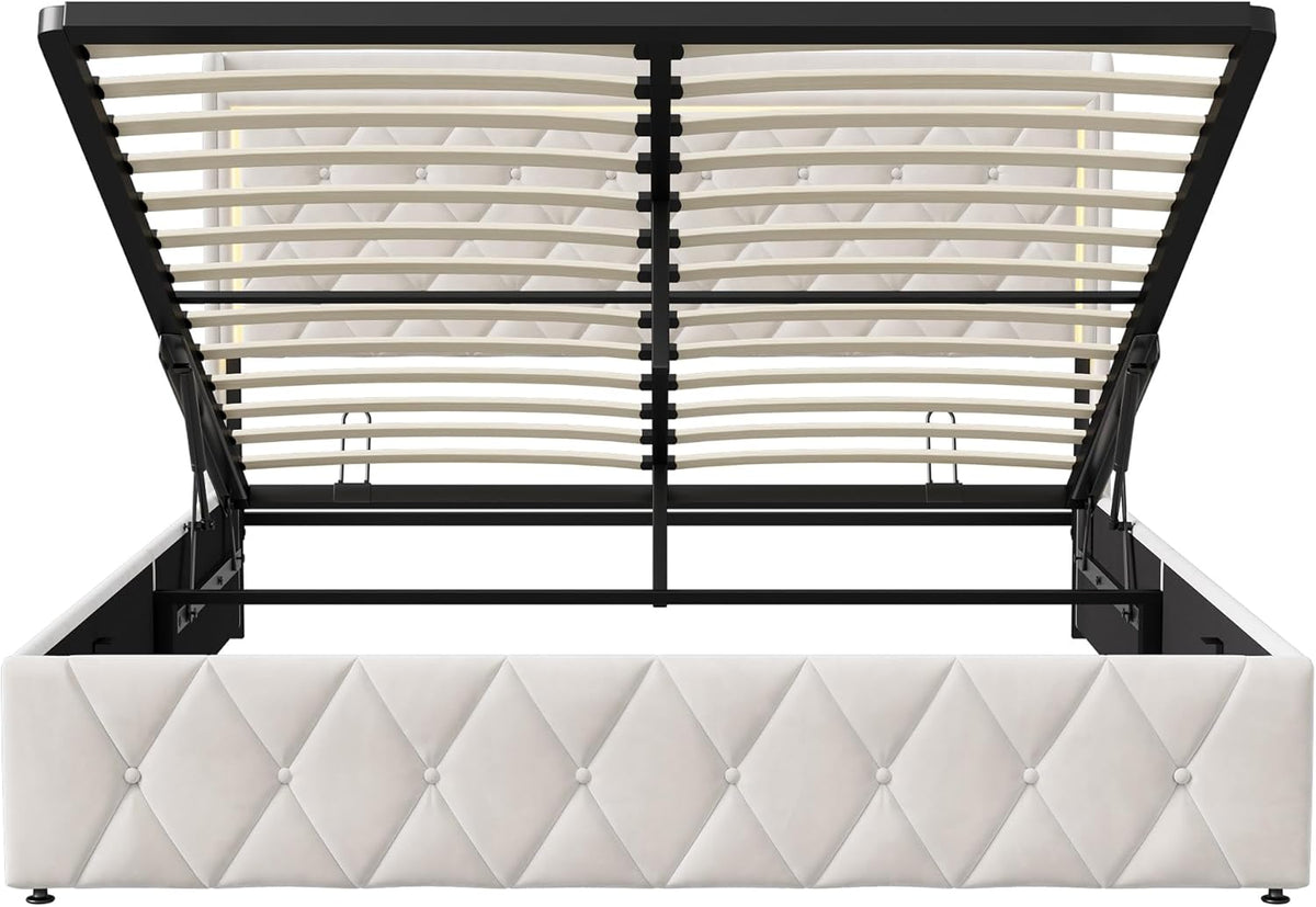 Bett 140x200 mit stauraum, Polsterbett mit LED-Kopfteil, Doppelbett mit USB und Lattenrost, Hydraulischem Stauraum und Metallrahmen, Jugendbett, Bettgestell, Boxspringbett, Samt Beige, Ohne Matratze