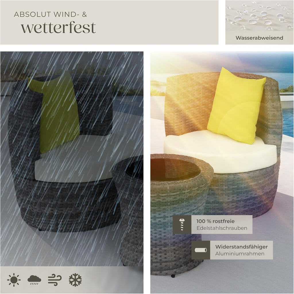 tectake® Rattan Set 2 Personen, Balkonmöbel, Aluminium Gartenmöbel Set, Outdoor Sitzgruppe mit 2X Stuhl, 1 Beistelltisch rund, 1 Vase, platzsparend zusammenschiebbar, mit Polster und Kissen - grau