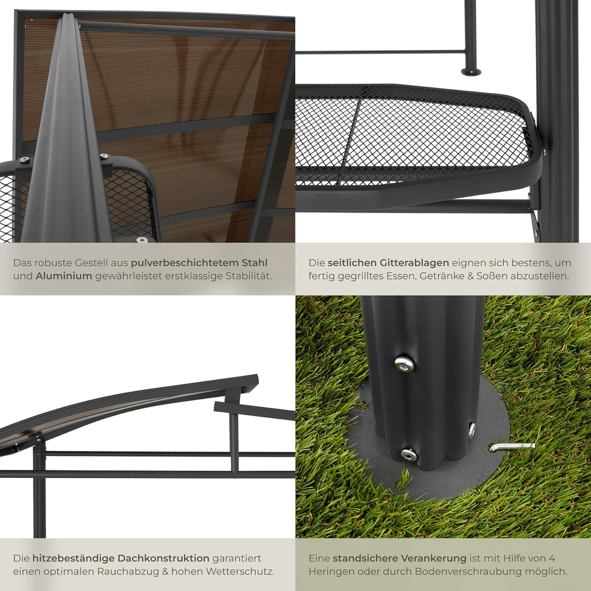 tectake® Outdoor Grillpavillon, Überdachung für Grill, Metall Pavillon für Outdoorküche auf Balkon, Garten oder Terrasse, Sichtschutz, Terrassenüberdachung, Gartenpavillon 240 x 150 x 234 - grau