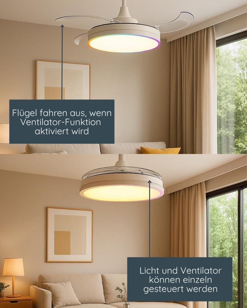 MeLiTec Deckenleuchte mit Ventilator, Deckenventilator mit Beleuchtung LED, leise, mit RGB-Licht, verschiedene Farbmodi, Timer- und Nachtlichtfunktion, dimmbar, DV07, weiß, Steuerung per Fernbedienung