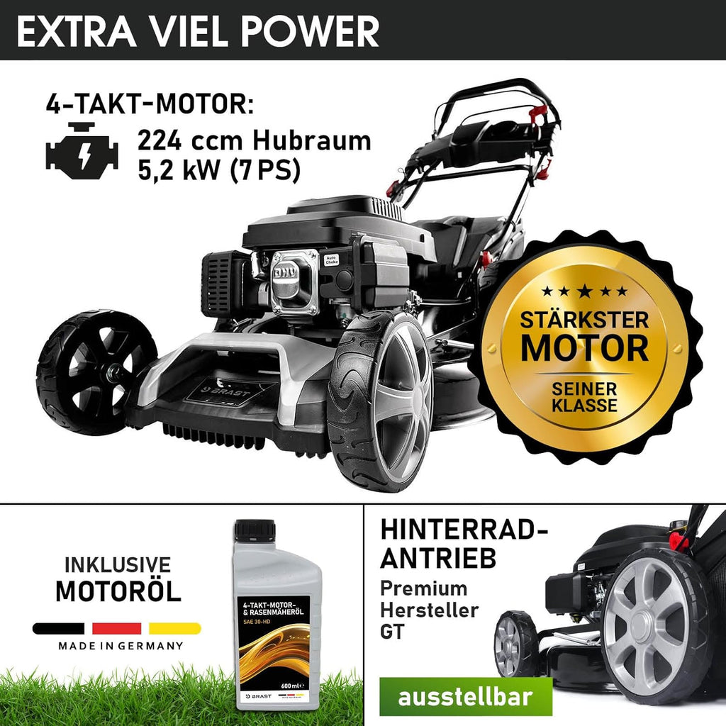 BRAST® Benzin Rasenmäher mit Antrieb | 5,2kW (7PS) | 55cm Schnittbreite | viele Modelle | TÜV | 30-80mm Schnitthöhe | 60L Fangkorb | 4 Takt OHV Motor | Stahlgehäuse | Power