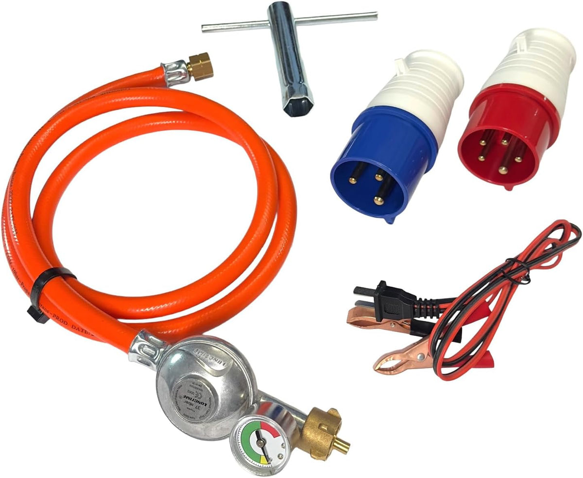 Dual Fuel Strom-Generator 10 kVA | KOMPLETT-SET – Benzin & Propangas Notstromaggregat 230/400 V – fahrbar inkl. 4er-Steckerleiste, Gasflasche & Zubehör