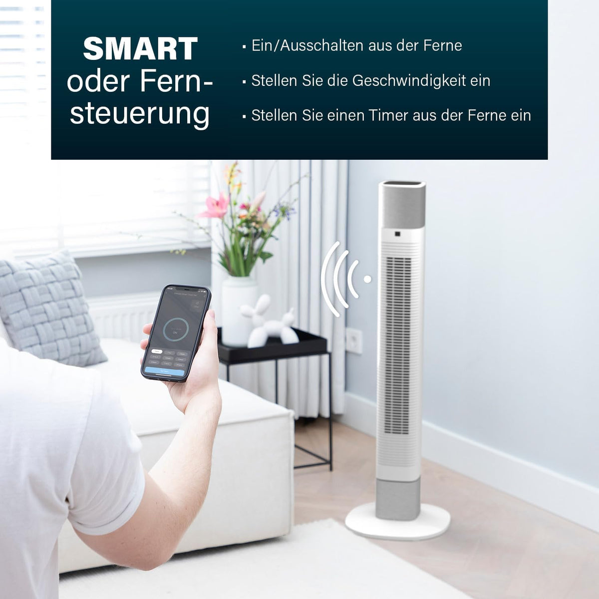 Princess Geräuscharmer Turmventilator - Höhe 103 cm - 3 Modi & 3 Geschwindigkeiten - Oszillation - Steuerbar per App