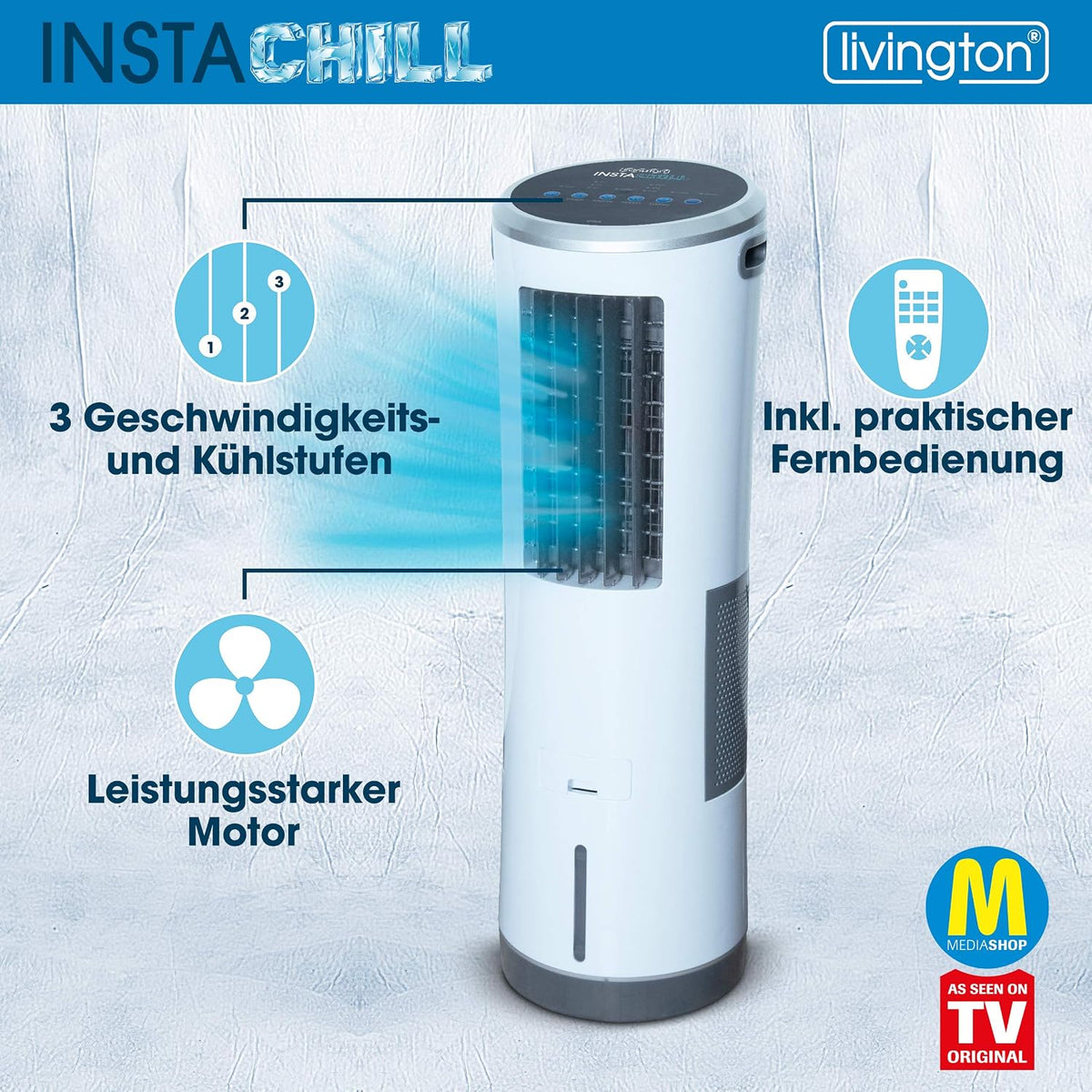 Livington InstaChill – Kühler mit Wasserkühlung – mobiler Luftkühler mit 3 Kühlstufen – Kühlgerät ohne Abluftschlauch für 12h Kühlung dank 8,5 L Tank