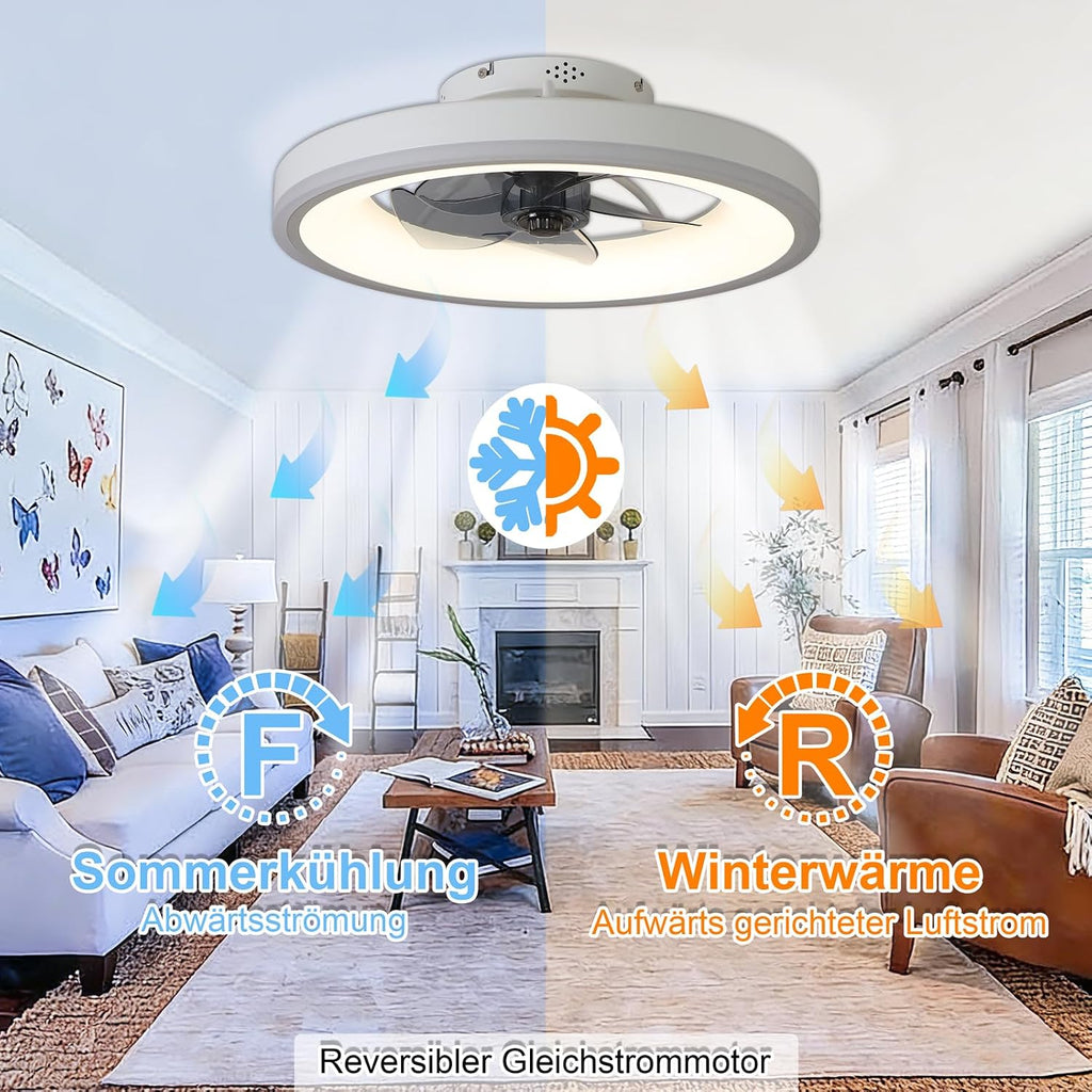 60CM Deckenventilator mit Beleuchtung, RGB Deckenventilator mit Licht und Fernbedienung, Leise Deckenlampe mit Ventilator, 6 Geschwindigkeiten, Dimmbare, Timer, für Schlafzimmer, Weiß