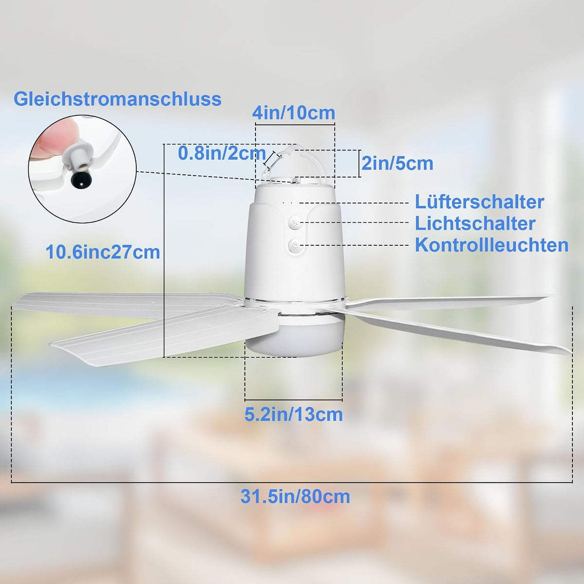 SHUNLEE Deckenventilator Outdoor mit Beleuchtung 80CM, Deckenventilator Indoor/Outdoor mit Stecker, Fernbedienung und Leise, Mobiler Ventilator Lampe für Terrasse, Ceiling, Pavillon, Wohnzimmer (80CM)