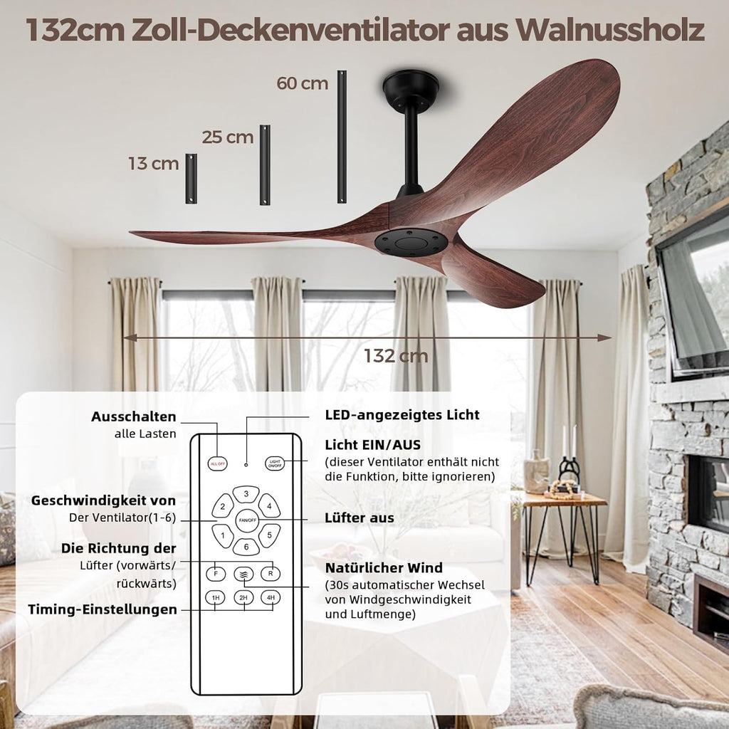 Biukis 152 cm Deckenventilator mit Fernbedienung, 6 Geschwindigkeitsstufen, reversibler DC-Motor für ganzjährige Nutzung, geeignet für Außenbereich, Garten, Wohnzimmer, Schlafzimmer – Walnuss