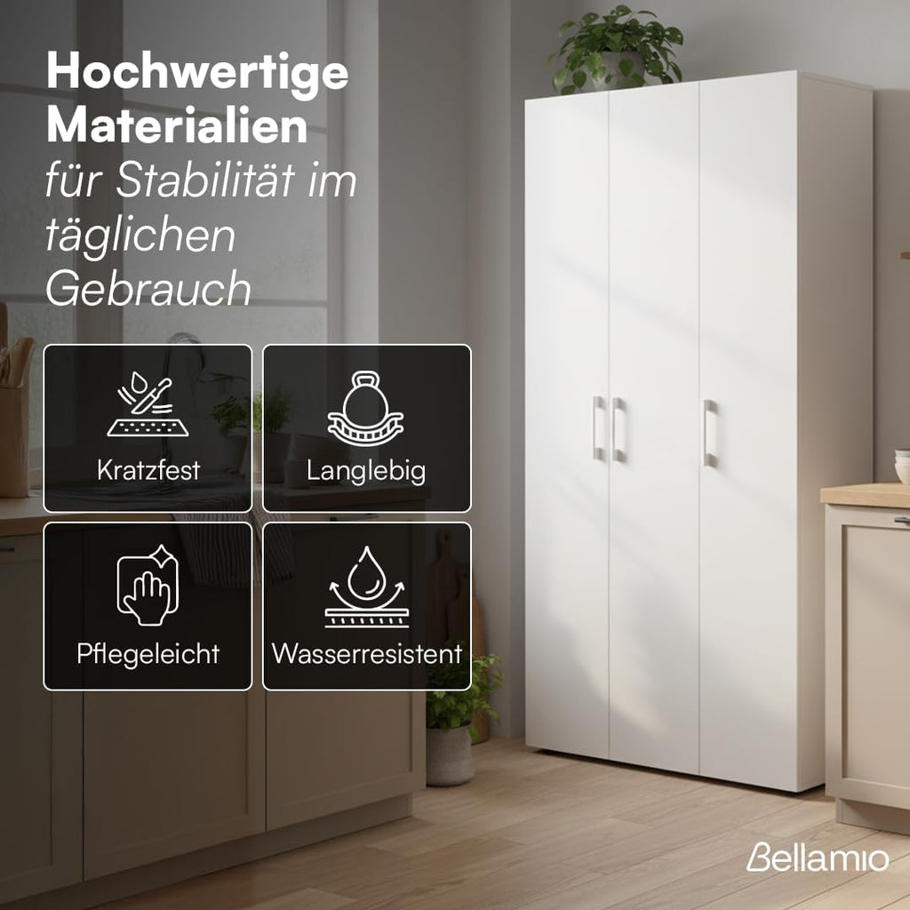 Bellamio Apol Mehrzweckschrank Weiß – Besenschrank 90 cm breit mit Stauraum – Putzschrank mit Staubsaugerfach – Vorratsschrank Küche - Aktenschrank aus Holz - Flurschrank – Aufbewahrungsschrank