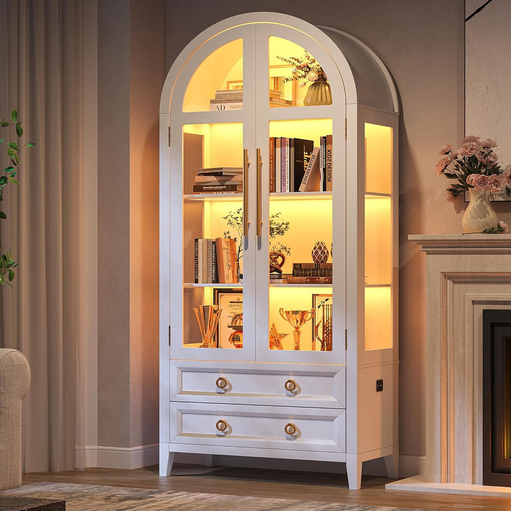 LVSOMT Gewölbte Glasvitrine mit LED Beleuchtung, 180cm Vitrinenschrank mit Glastüren, Bogen Vitrine mit 4 Display Regale und 2 Schubladen, 3 Farbe Licht, Vitrine Glas Holz Wohnzimmer Flur, Weiß