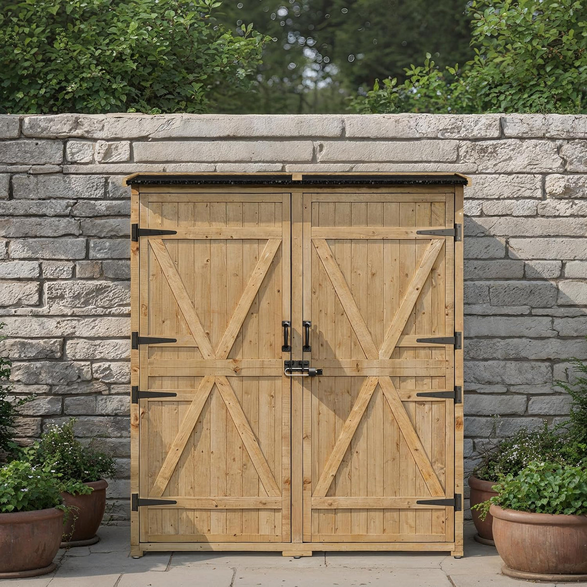 Gartenschrank Holz, Outdoor Geräteschrank, Gerätehaus mit Tür, Böden, Geräteschrank, Gartenhaus, Gartenschuppen für Garten, Terrasse & Balkon, 140x44x162cm, Natur