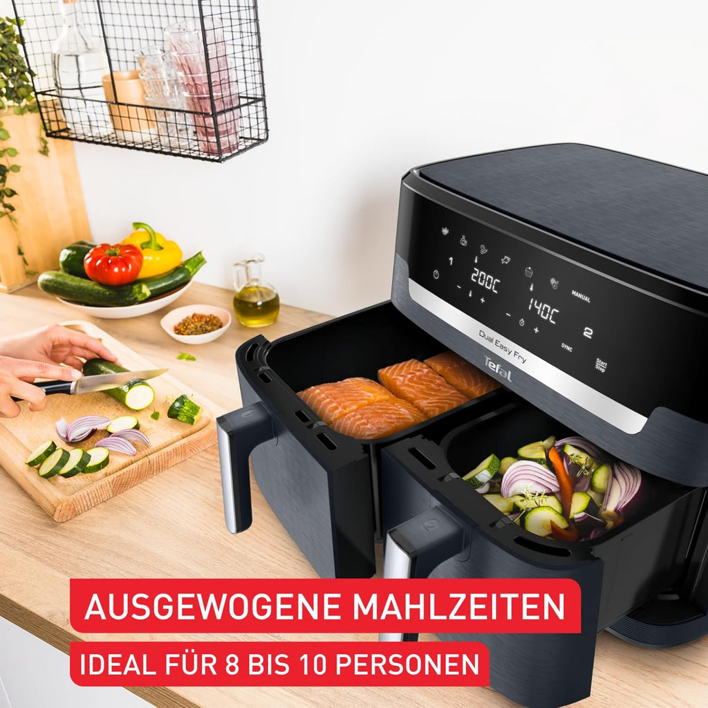 Tefal Dual Easy Fry Heißluftfritteuse Doppelkammer, 5,2/3,1 L Fassungsvermögen, zwei unabhängige Schubladen, 7 automatische Programme, energiesparend, schwarz, EY9018