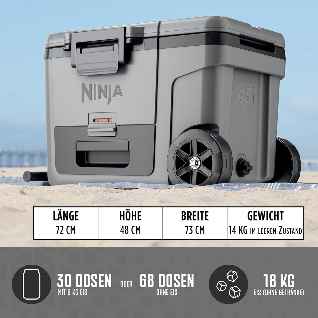 Ninja FrostVault Kühlbox mit Rollen und Isolierung, integrierter Dry Zone Schublade mit Kühlschranktemperatur, hält Eis tagelang, bietet Platz für bis zu 68 Dosen, Schiefergrau, FB245EUGY
