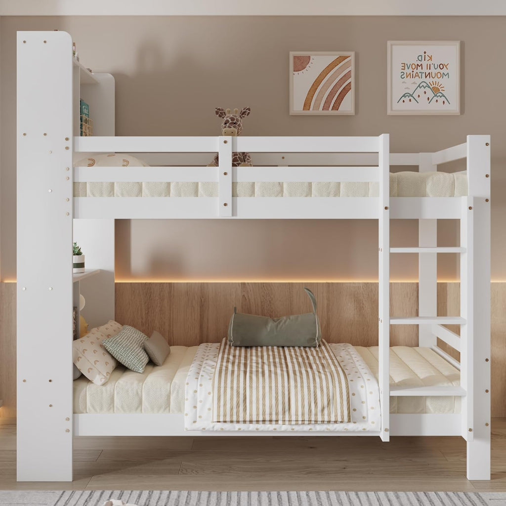 Kinderbett 90x200 mit Regalen und Leiter, Funktionsbett Etagenbett für 2 Kinder, Stockbett Hochbett Jugendhochbett mit Stauraum und Lattenrost,Jugendbett Bettrahmen aus Massivholz,ohne matratze,Weiß