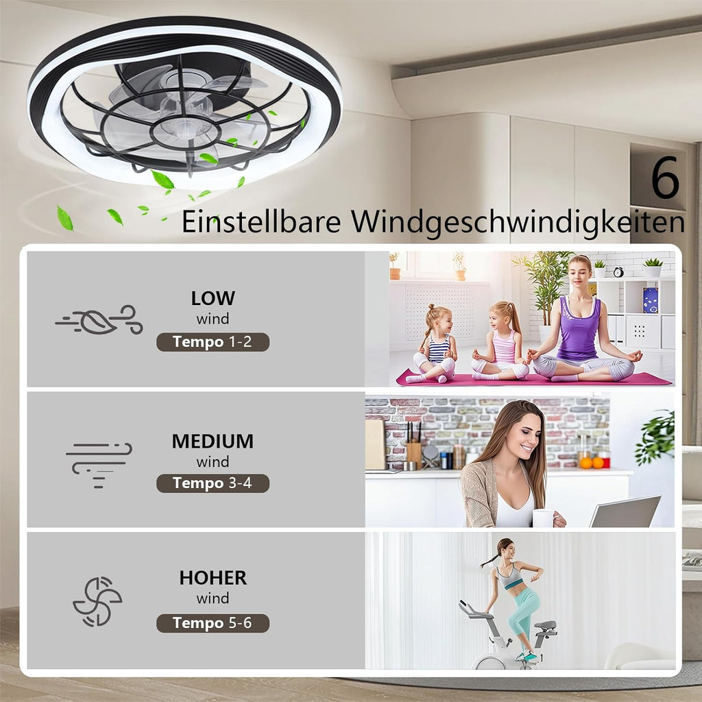 Leiser Deckenventilator mit Beleuchtung Schwarz, 50cm Deckenleuchte mit Ventilator, LED Deckenlampe mit Ventilator, Fernbedienung/APP, 6 Windstufen, 3 Farbtemperaturen, für Schlafzimmer Wohnzimmer