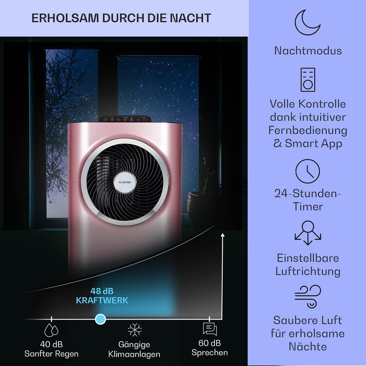 Klarstein Mobile Klimaanlage mit Abluftschlauch, 5-in-1 Klimagerät, Ventilator, Luftentfeuchter, Luftreiniger & Nachtmodus, App-Steuerung, Kleine & Portable, für Wohnung & Büro, 12000 BTU