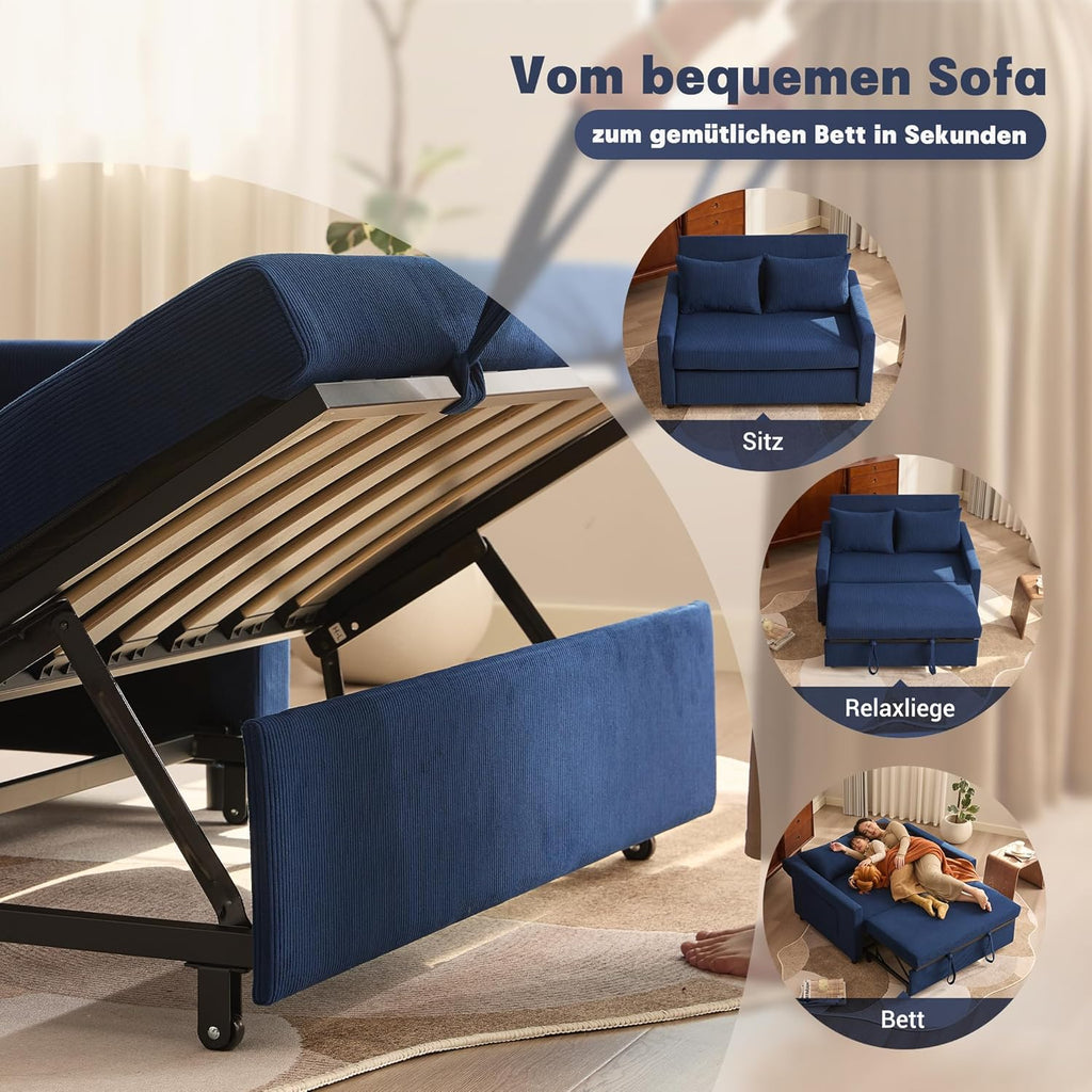 Schlafsofa 2-Sitzer, 3-in-1 ausziehbares Sofa Bett, Cordstoff Schlafcouch mit Verstellbarer Rückenlehne und Seitentaschen, für Wohnzimmer und Gästezimmer,Navyblau