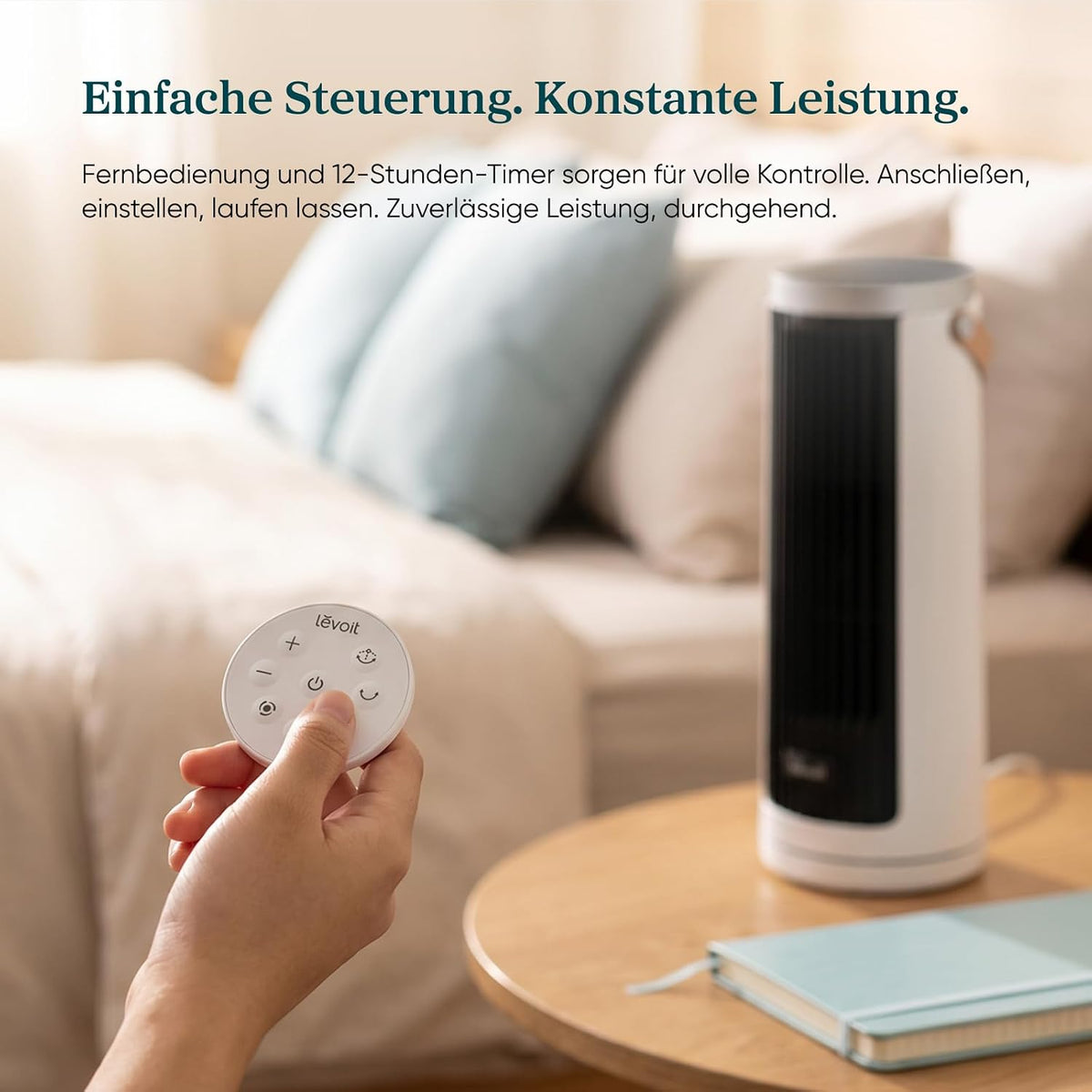 Levoit Kompakt Turmventilator DC Motor – leise ab 20dB Ventilator – 7m/s Kühlung – Tischventilator 5 Stufen/90° Oszillation/12 Std Timer/Fernbedienung – platzsparend, kleine Räume – Mondweiß, 33 cm