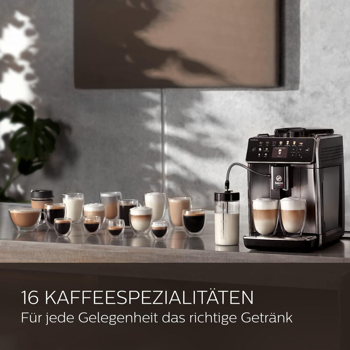 Saeco GranAroma Kaffeevollautomat mit 14 Kaffeespezialitäten, intuitives Farbdisplay, 4 Benutzerprofile, Keramikmahlwerk, Edelstahl-Schwarz (SM6585/00)