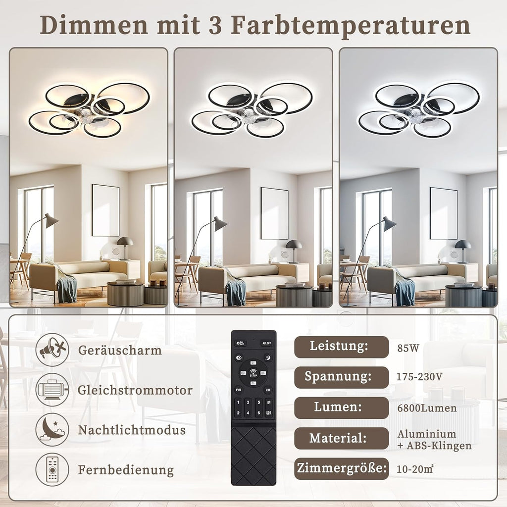 Deckenventilator Mit Beleuchtung Und Fernbedienung,85W,6800LM Lampe Mit Ventilator,100cm Led Dimmbar Deckenleuchte Mit Ventilator,6-Gang Ceiling Fan with Light Für Schlafzimmer Wohnzimmer,Schwarz