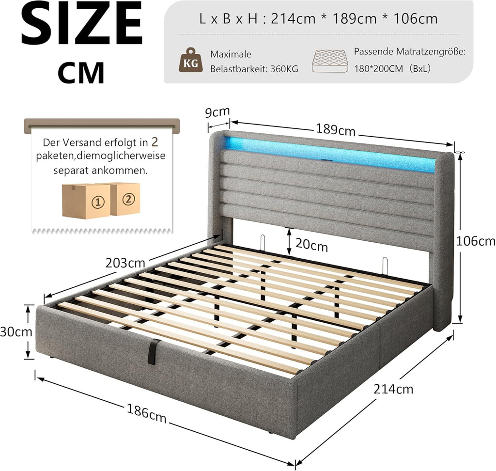 FEONASE Bett 180x200 mit Stauraum, Polsterbett 180x200 cm mit LED-Beleuchtung & Ladestation, Bettgestell mit Hydraulischem und Leinen Kopfteil Stauraum, Lattenrost, Ohne Matratze, Hellgrau