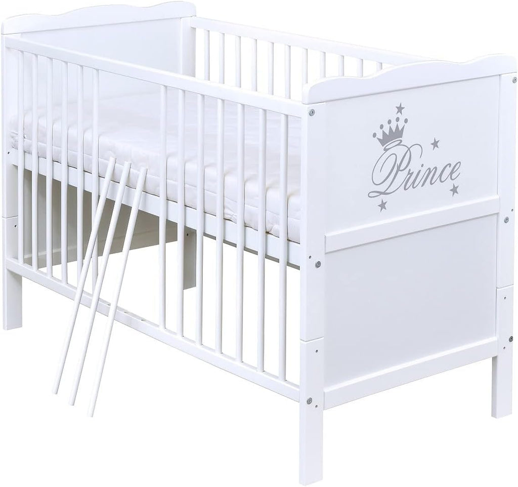 Babybett Komplett Set Max Prince 60x120 weiß Kinderbett umbaubar zum Juniorbett inkl. Bettwäsche Set Komplett (Zirkus blau)