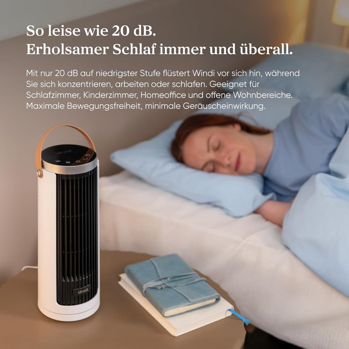 Levoit Kompakt Turmventilator DC Motor – leise ab 20dB Ventilator – 7m/s Kühlung – Tischventilator 5 Stufen/90° Oszillation/12 Std Timer/Fernbedienung – platzsparend, kleine Räume – Mondweiß, 33 cm