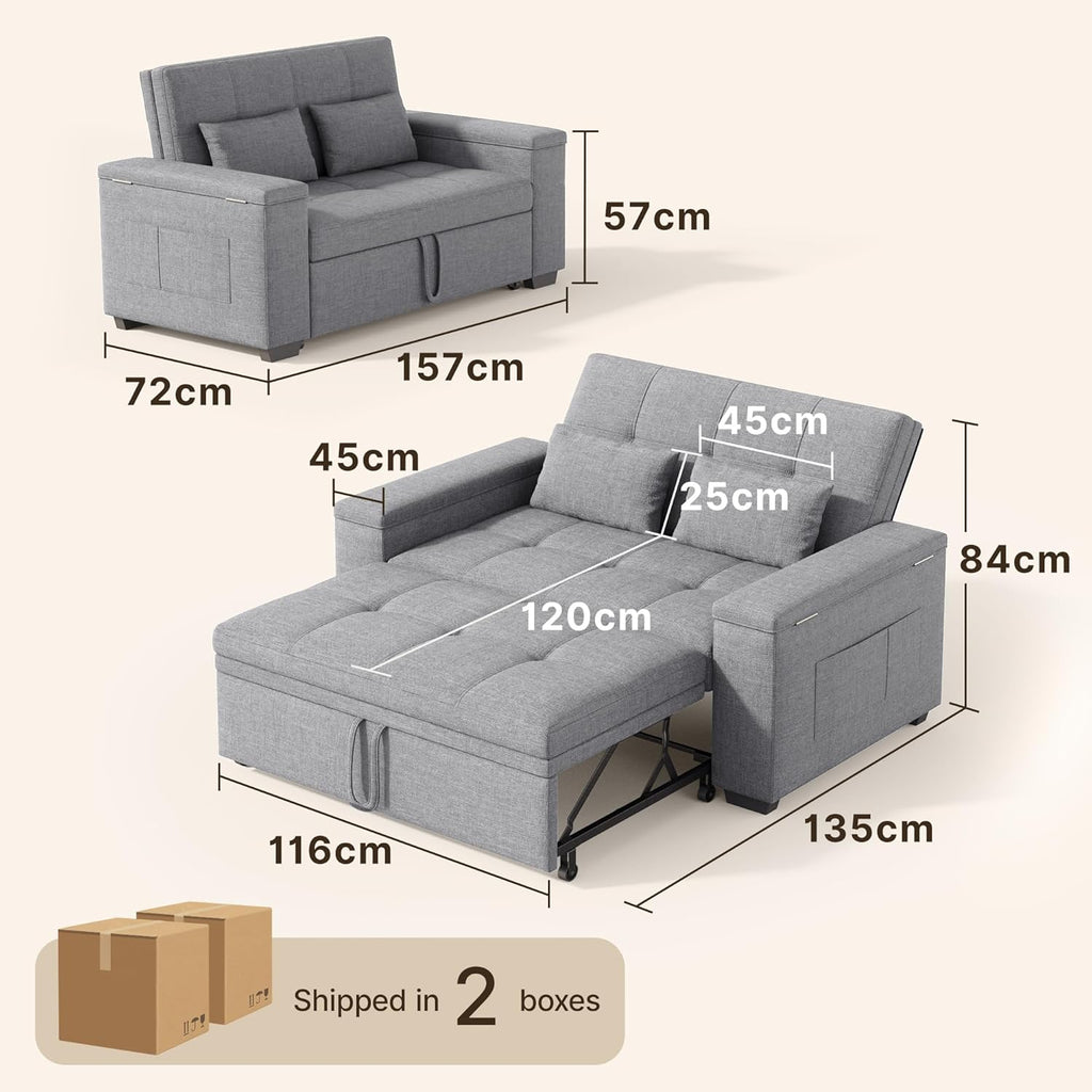 Xbro 3-in-1 Schlafsofa ausziehbar, 2-Sitzer Sofa mit Schlaffunktion, verstellbare Rückenlehne, Leinenstoff mit 2 Kissen und Seitentaschen, für Wohnzimmer, Schlafzimmer oder Büro, Hellgrau