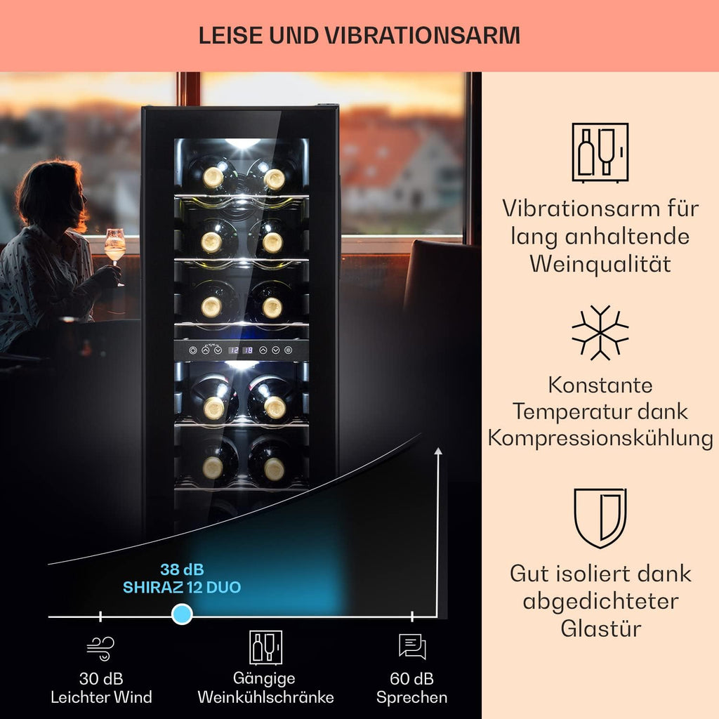 Klarstein Weinkühlschrank Freistehend, Kleiner Getränkekühlschrank Schmal, 2 Zonen Weinkühlschrank mit Glastür, Indoor/Outdoor Beersafe, Kühlschrank Klein mit UV-Schutz, 5-18°C, 12 Flaschen
