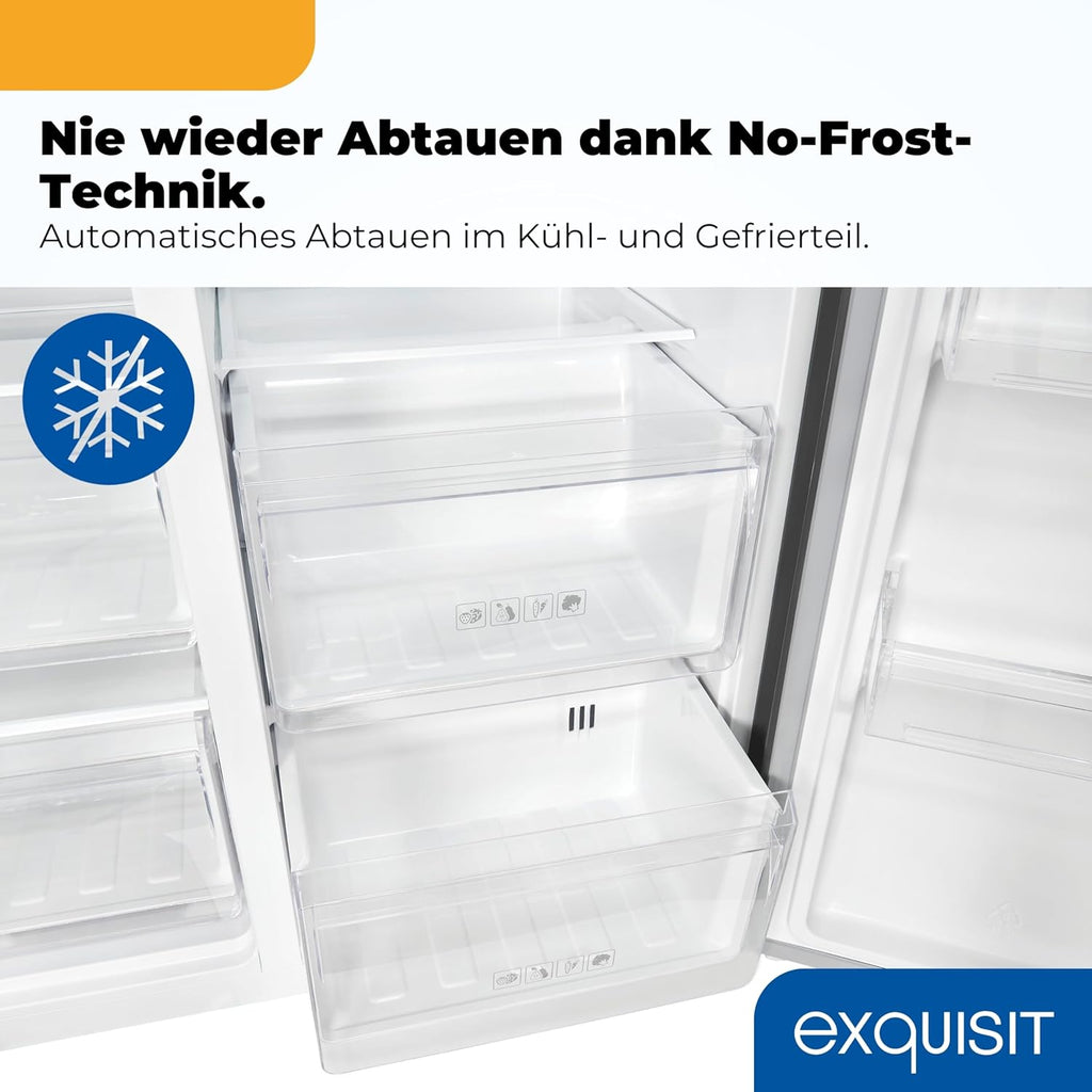 Exquisit Side by Side Kühl-Gefrierkombination | 513 l Nutzinhalt, Energieeffizienzklasse E, 39 dB, No Frost, Schnellgefrieren, Wasserspender, Ice-Maker, LED-Beleuchtung | SBS5520-CF-040E inoxlook-az