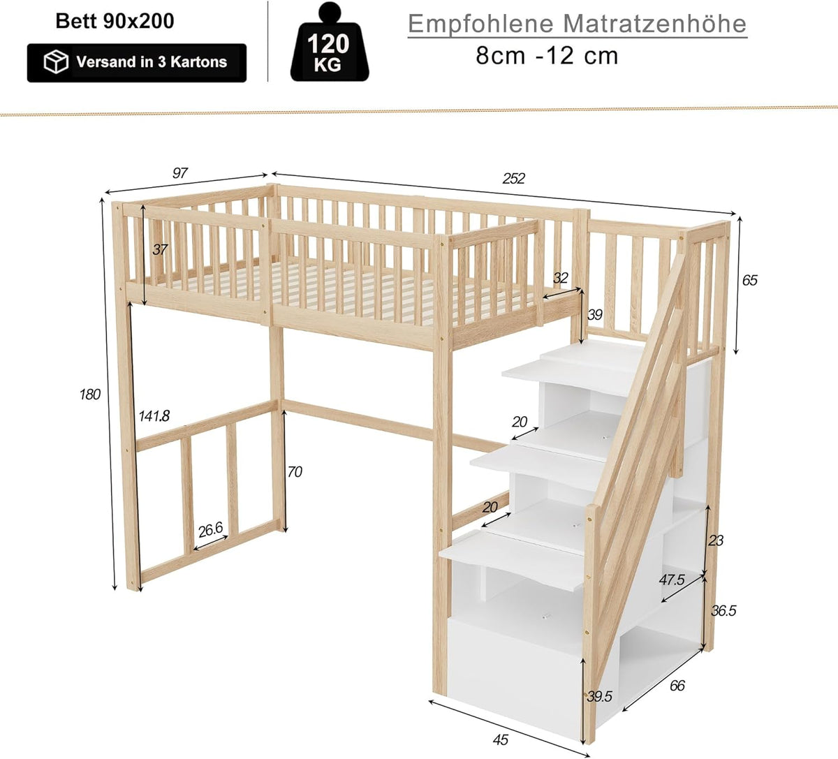 Moimhear Hochbett 90x200cm mit Sicherheits-Aufbewahrungsleiter, Bettgestell aus massivem Kiefernholz für Kinder und Jugendliche (Holzfarbe + Weiß)