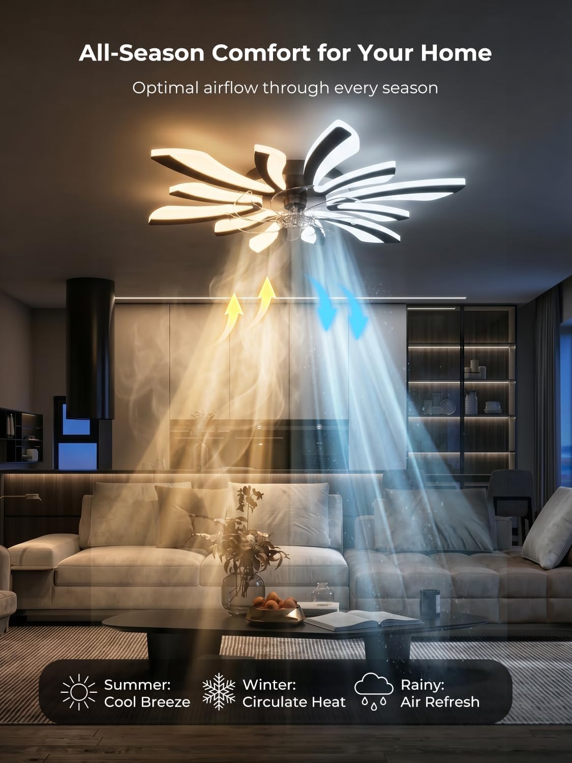 Smart Deckenventilator mit Beleuchtung, WiFi Lampe mit Ventilator Leise Kompatibel mit Alexa Google Home, Sprach/Fernbedienung/App Steuerung, für Schlafzimmer, Küche, Schwarz