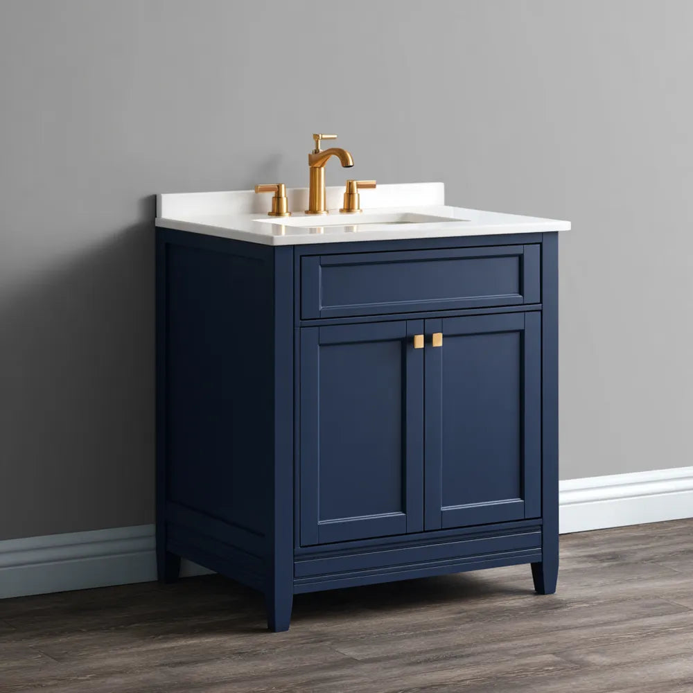Marineblauer Badezimmerschrank aus Holz mit Keramikwaschbecken