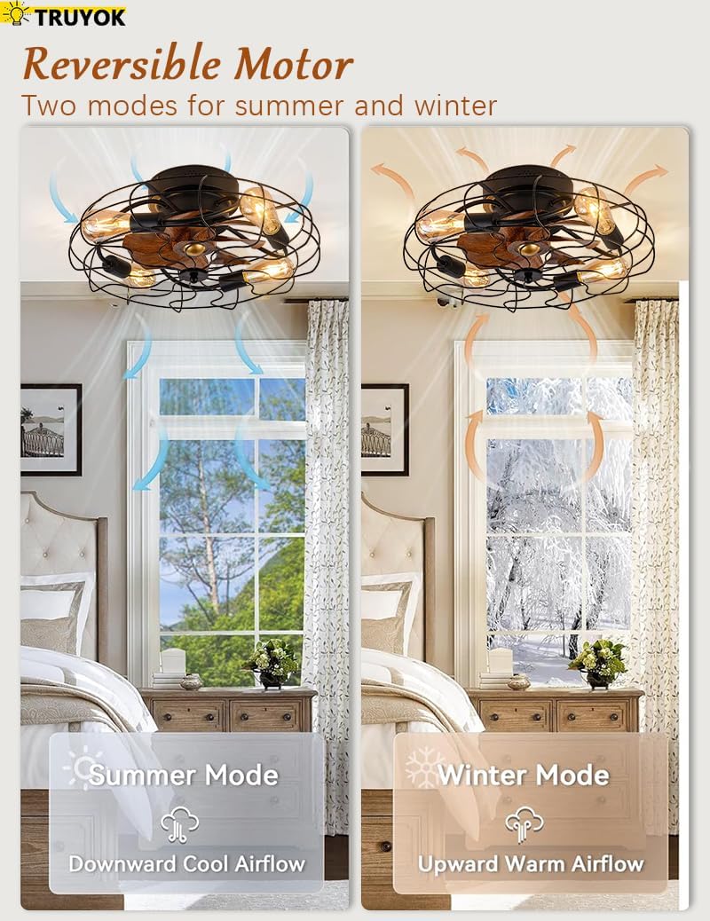 Deckenventilator mit Licht Retro LED Deckenleuchte mit Ventilator und Fernbedienung Industrial Deckenlampe E27 Vintage Cage Fan Lamp für Schlafzimmer Wohnzimmer Küche Beleuchtung, Schwarz