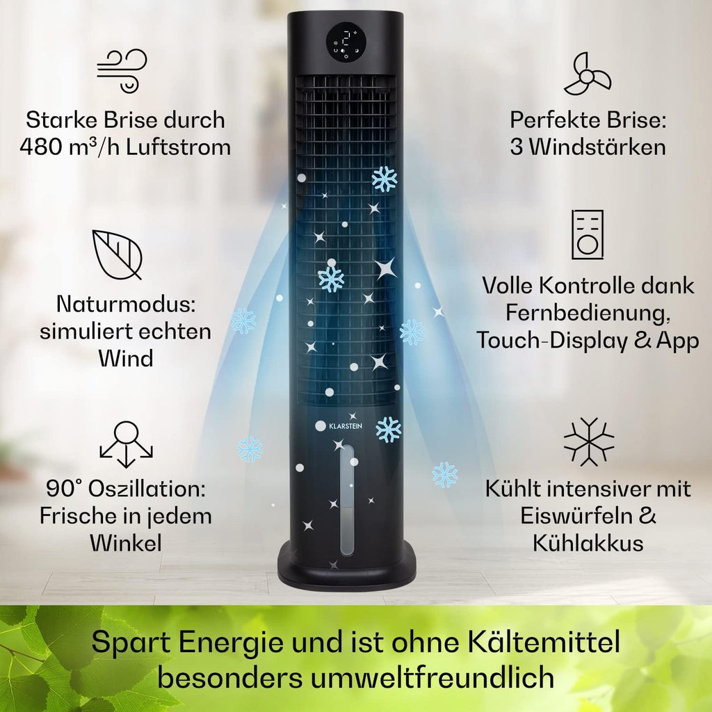 Klarstein Luftkühler mit Wasserkühlung, 5-in-1 Verdunstungskühler, Luftbefeuchter, Ventilator & Luftreiniger, Mobile Klimageräte Luftkühler mit App-Steuerung, 80W Air Cooler, 462m³/h Luftstrom, Weiß