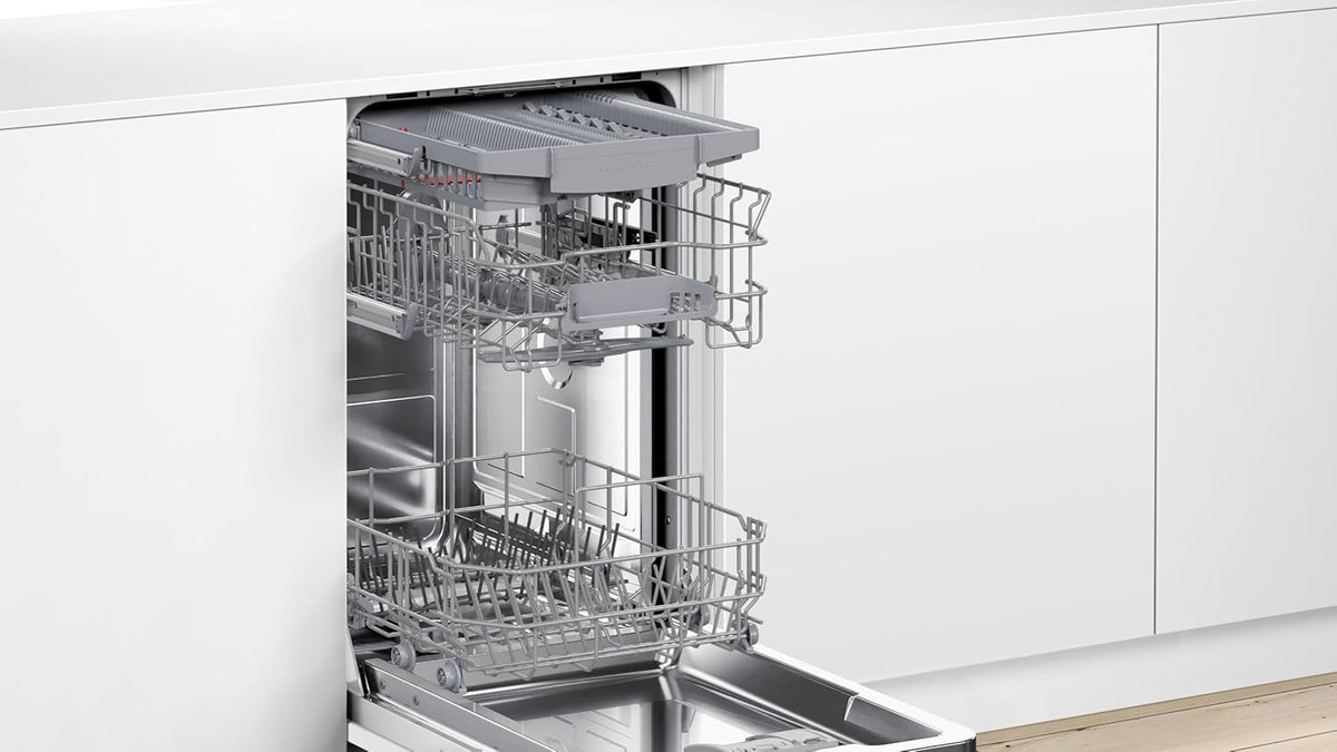 SPV2HMX42E, Serie 2, Smarter Geschirrspüler Vollintegriert, 45 cm breit, Besteckschublade, extra Trocknung auf Knopfdruck, höhenverstellbarer Oberkorb, leiser und effizienter Motor, mit aquaStop