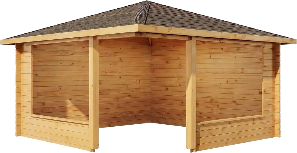5-Eck Gartenlaube Maik-40 aus Massiv-Holz 400 x 400 cm, Gartenhaus mit 40 mm Wandstärke, Mit Imprägnierung (Pinie)
