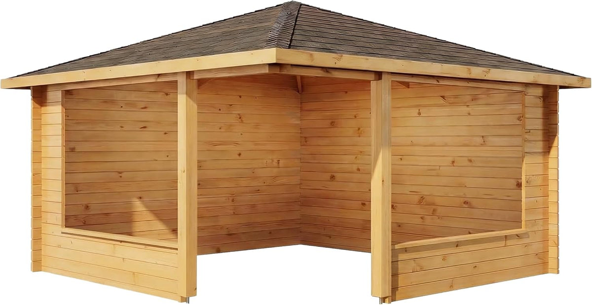 5-Eck Gartenlaube Maik-40 aus Massiv-Holz 400 x 400 cm, Gartenhaus mit 40 mm Wandstärke, Mit Imprägnierung (Pinie)