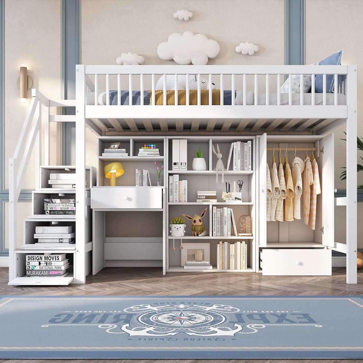 Kinderbett Etagenbett 90x200, Hochbett mit Kleiderschrank&Schließfächern&Schubladen&Schreibtisch&Treppe, Einzelbett Holzbett Jugendbett mit Lattenrost&Rausfallschutz, Massivholz, Ohne Matratze, Weiß