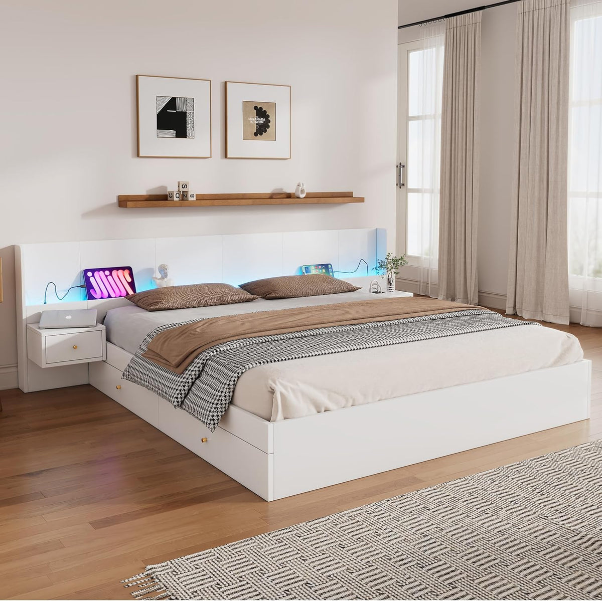 Doppelbett Bett 180x200 mit Stauraum 2 Schubladen, Extrabreiter LED-Kopfteil mit 2 Nachttischen & USB-Buchse, Holzbett Stauraumbett Bettgestell mit Lattenrost, Jugendbett, Ohne Matratze, Weiß