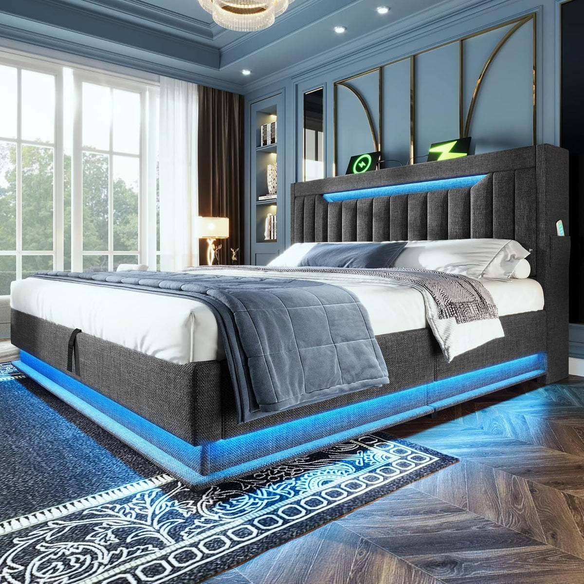 Polsterbett 140x200 cm, Stauraum-Kopfteil mit USB- und Typ-C Ladefunktion, Doppelbett mit Hydraulischem Stauraum, Bettgeltell mit LED und Lattenrost, Leinen, Grau, ohne Matratze