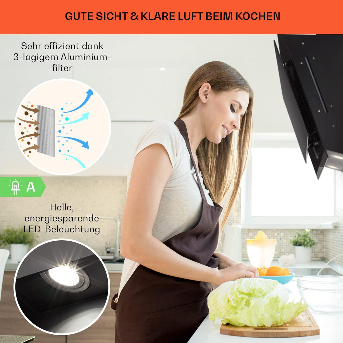 Klarstein Dunstabzugshaube 90cm, Abluft-Dunstabzugshaube, Abzugshaube mit Kohlektiv-Filter, Dunstabzug mit 563m³/h Luftstrom, Wandhauben für Küche mit RGB-LEDs, Leise Dunstabzugshauben 90 cm