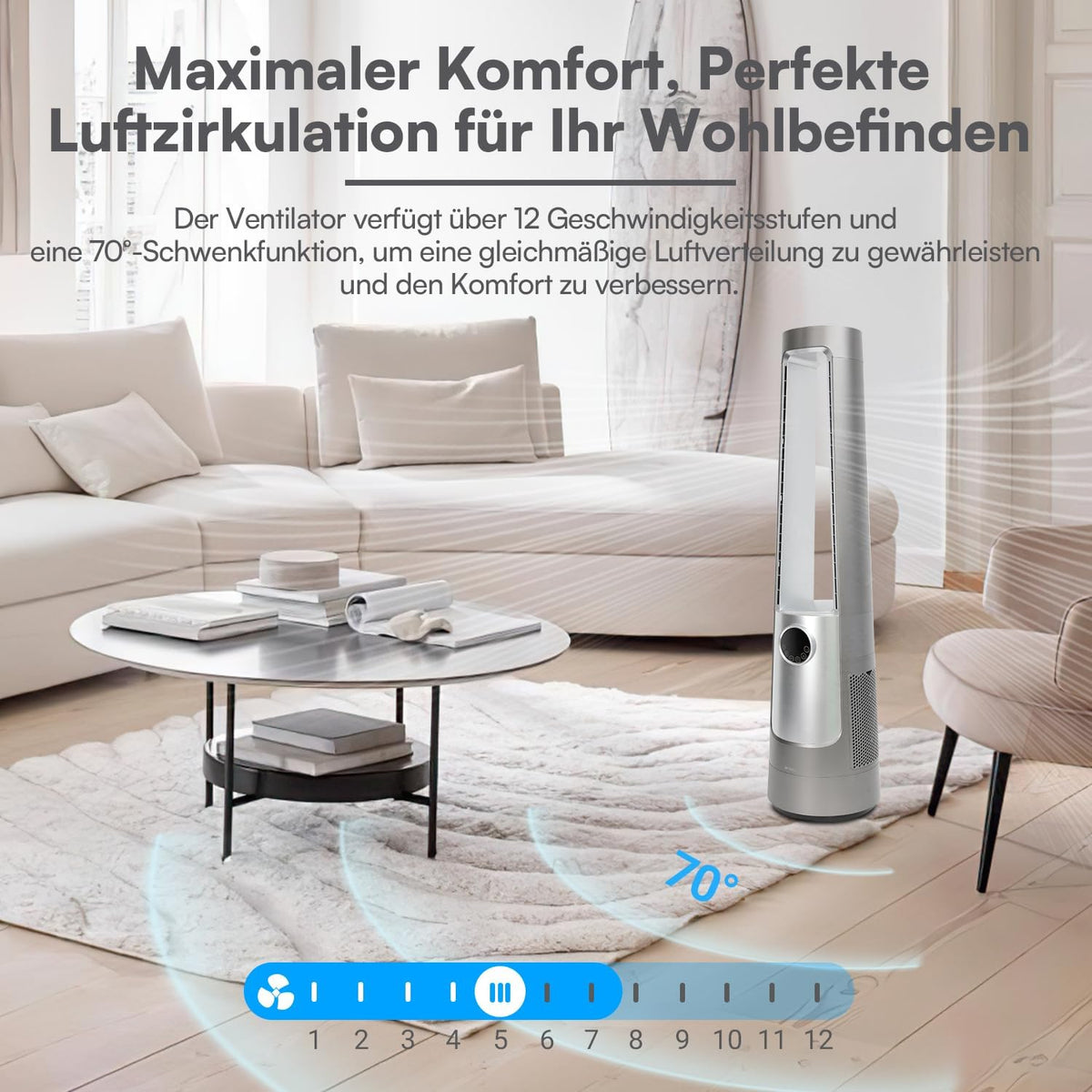 BE COOL AuraSilk Turmventilator 103 cm mit H13-HEPA Filter, rotorlos, 12 Stufen, 55 W DC-Motor, Fernbedienung, Timer, Schwenkfunktion, Luftreiniger