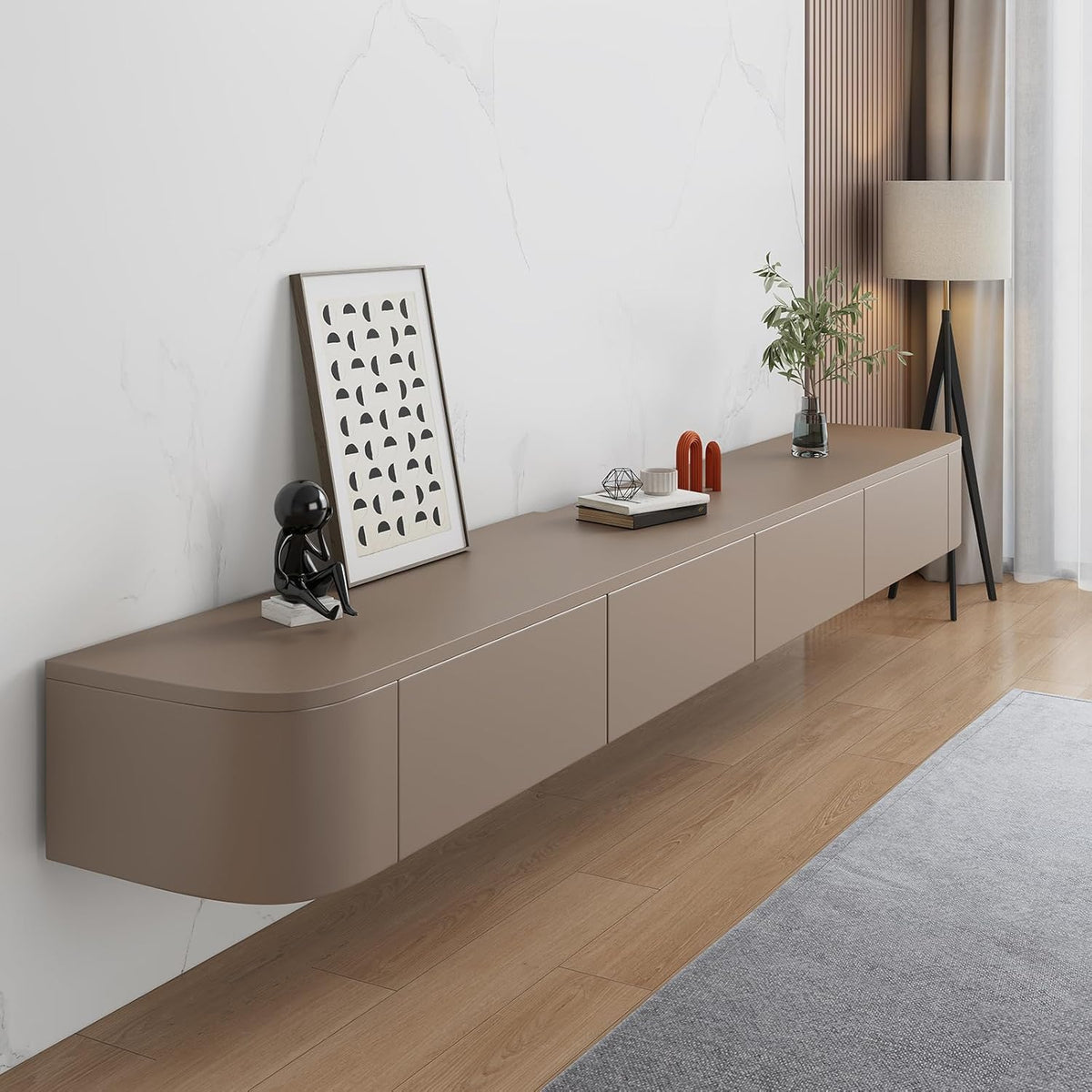 Schwebender TV-Ständer, Wandmontierte TV-Regale Mit Tür, TV-Medienkonsole, Schwebender TV-Schrank, Große TV-Bank Mit Stauraum Unter Dem Fernseher(Khaki,300CM/118.1")