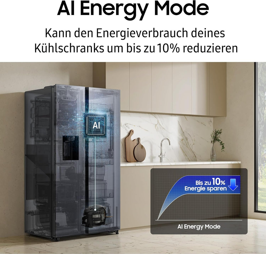 RS90F65EDTEF Side-by-Side Kühl-Gefrierkombination, AI Kühlschrank mit Gefrierfach, 178 cm, 621 l, Eis-/Wasserspender mit Wassertank, AI Home, Voice Control, Edelstahl Look