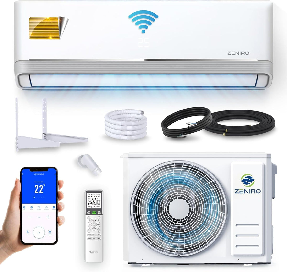 Split Klimaanlage Klimagerät Set Air Conditioner mit Heizfunktion 24000 BTU 7,2kW A++ WiFi/App-Steuerung 4D AirFlow Auto Reinigung inkl. Montagematerial Vorgefüllt R32