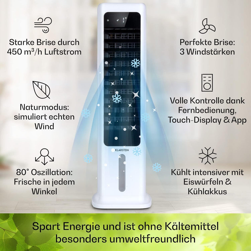 Klarstein Luftkühler mit Wasserkühlung, 5-in-1 Verdunstungskühler, Luftbefeuchter, Ventilator & Luftreiniger, Mobile Klimageräte Luftkühler mit App-Steuerung, 80W Air Cooler, 462m³/h Luftstrom, Weiß