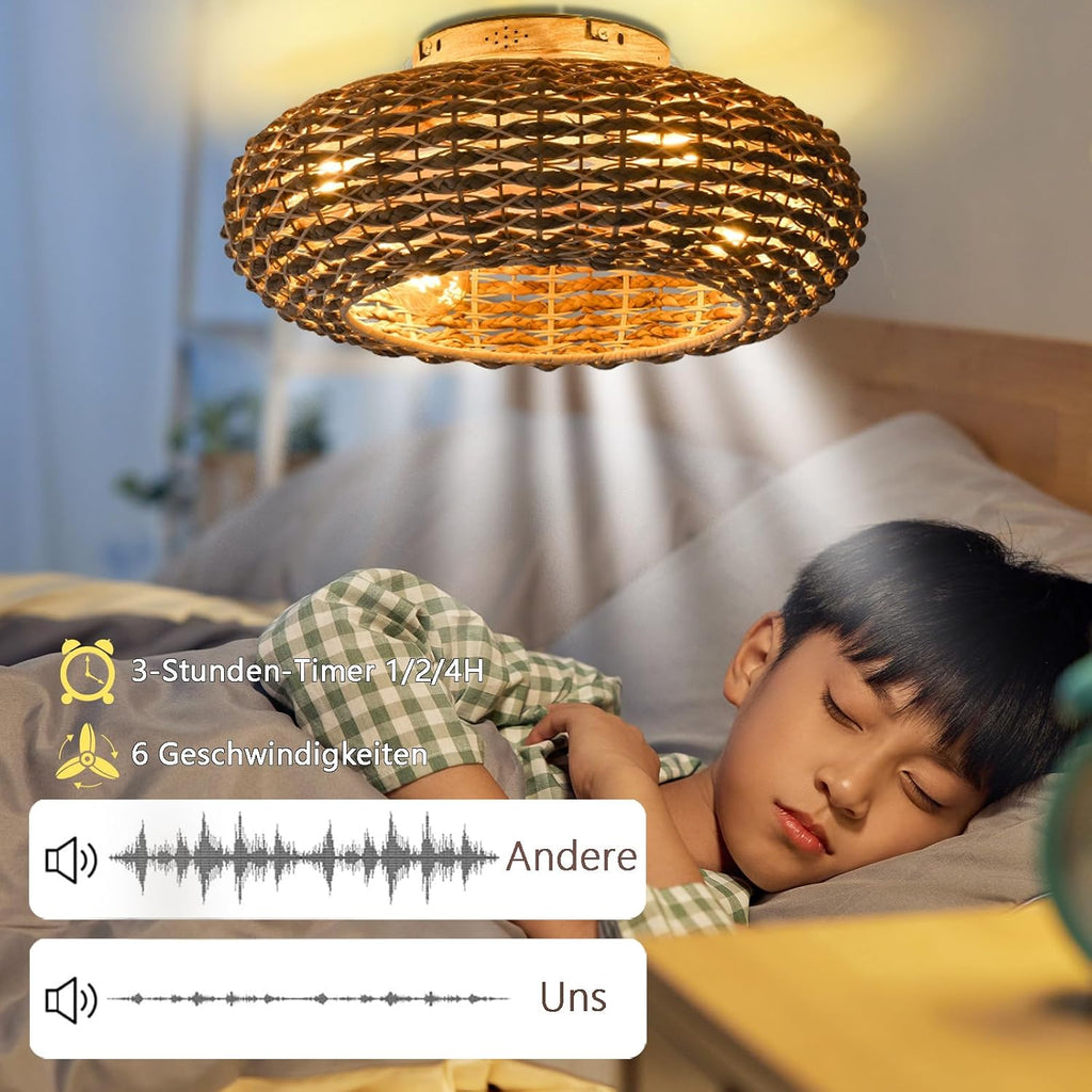 Deckenventilator Mit Beleuchtung Rattan E27 Lampe Mit Ventilator Mit Fernbedienung Und APP Leise 6 Wind Speeds Umkehrbaren Timer Deckenlampe Mit Ventilator Für Wohnzimmer Schlafzimmer Esszimmer ,50cm