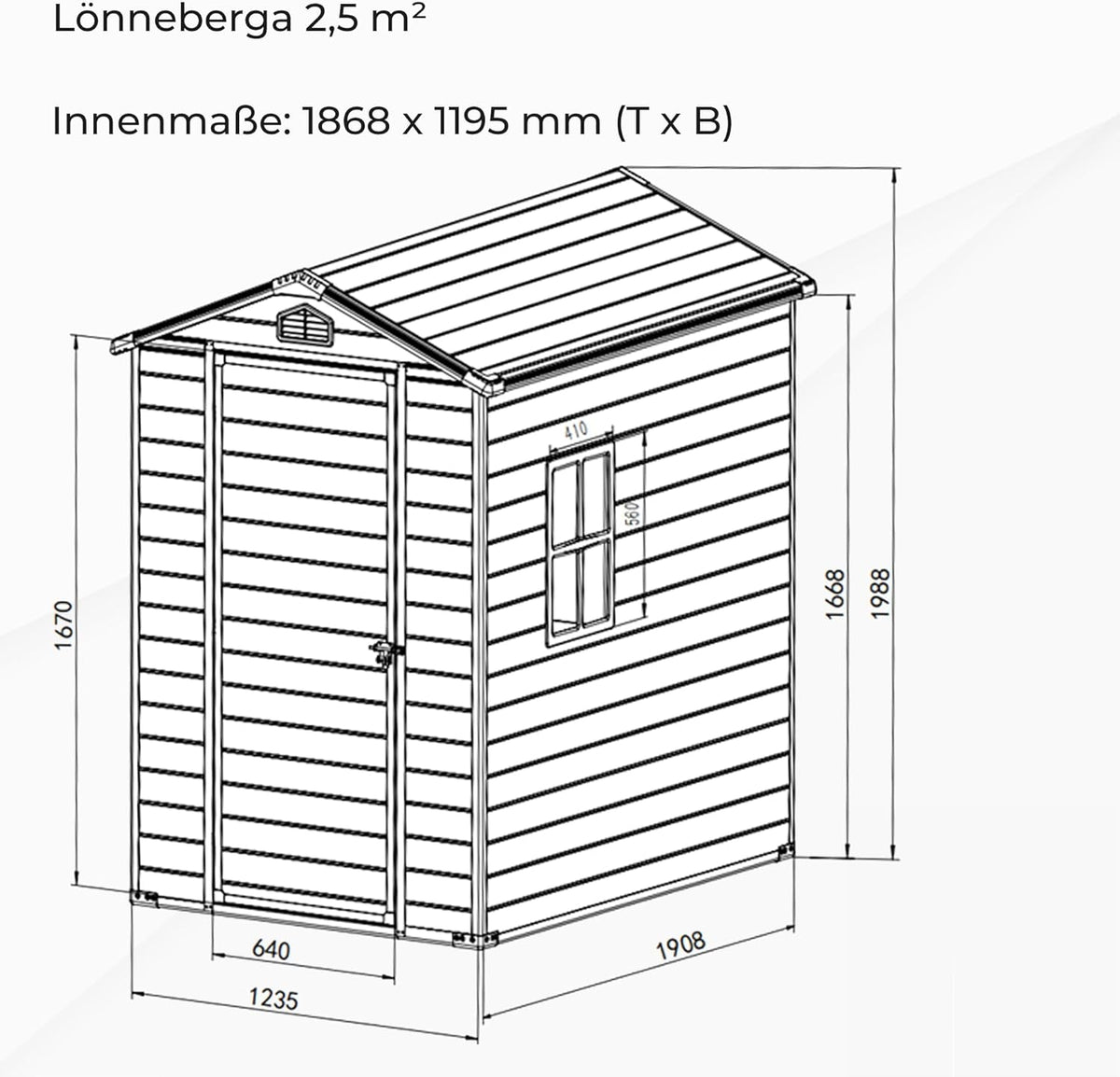 Gartenhaus Lönneberga 2,5m² Kunststoff | Polypropylen (PP) Geräteschuppen witterungsbeständig 124 x 191 x 167/199 cm (B x T x H) grau