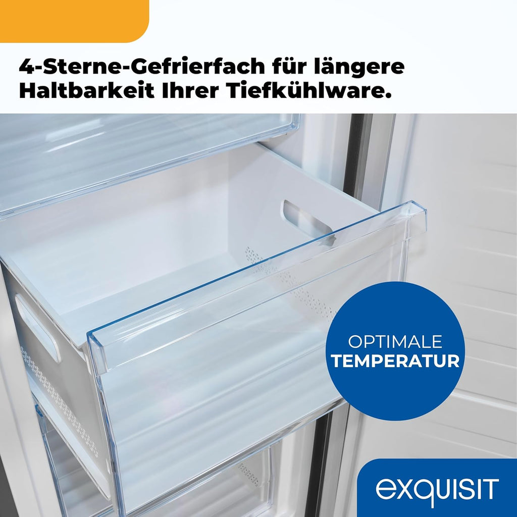 Exquisit Gefrierschrank | 204 l Nutzinhalt, Energieklasse E, 39 dB(A) | NoFrost, Schnellgefrieren, elektronische Temperaturregelung, Türalarm, hohe Bauform | GS5271-NF-H-040E inoxlook